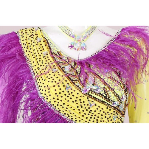Custom size women girls violet with yellow color feather diamond competition ballroom dance dress waltz tango fxotrot smooth ballroom dance long dress 